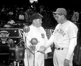 Rival All-Star managers. Washington D.C., July 7. Joe McCarthy, manager of American All-Stars, and Bill Terry, leaders of the Nationals, pose before their respective teams took the field today for the...