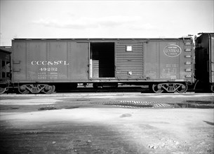 Empty railroad freight car circa 1938.