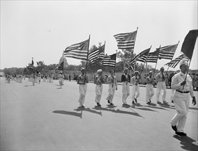 American flags on display during the annual safety parade down Constitution Avenue Washington D.C.  circa 1938.