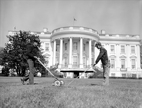 Workers Mowing & raking White House lawn circa 1939.