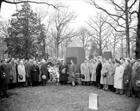 Baseball players, managers and President Roosevelt laying a wreath at the grave of baseball founder Abner Doubleday circa 1939.