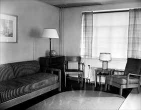 A typical living room in one of the first completed units of the Resettlement Administration's planned city at Greenbelt circa 1936.