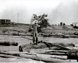 Man standing on floating logs in the Moira River, Ontario. Photograph taken in 1907.