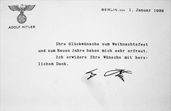 Greeting and thank you from Adolf Hitler circa 1938.