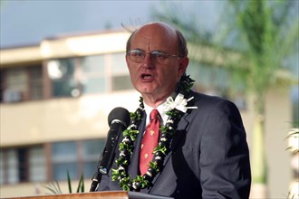 2004 - U.S. Marine Corps (Retired) Col. William J. Davis, head of the General Douglas MacArthur Foundation, gives a speech during the dedication ceremony of the newly built Nimitz-MacArthur Pacific Co...