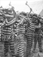 African American convicts working with axes and singing in woodyard, Reed Camp, South Carolina circa 1934.