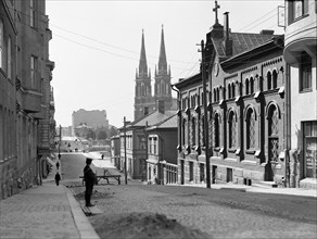 Street scene with church helsinki 1908.
