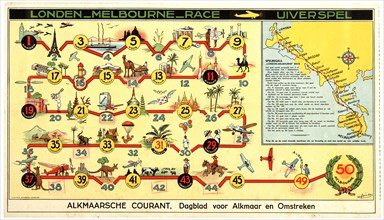Bordspel 'Londen-Melbourne Race, Uiverspel' / Board game 'London-Melbourne Race, Uiverpel' circa 1934.