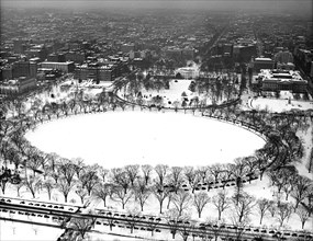 Aerial view of White House in snow, Washington, D.C. circa 1934.