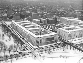 Aerial view, Federal Triangle in snow, Washington, D.C. circa 1934.