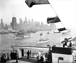 New York City skyline viewed from a passing boat circa 1936.