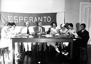 A group of people reading or studying Esperanto language circa 1934.