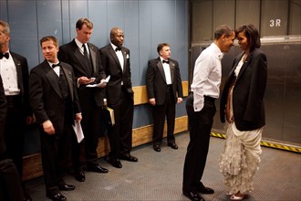 President Barack Obama and First Lady Michelle Obama share a private moment in a freight elevator at an Inaugural Ball. Washington, D.C. 1/20/09.