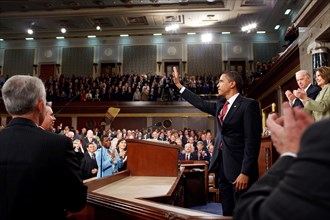 President Barack Obama waves to Members of Congress prior to addressing  the Joint Session of the United States Congress at the U.S. Capitol, Washington, D.C. 2/24/09.