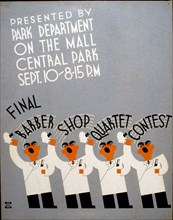 Final barber shop quartet contest presented by Park Department on the Mall, Central Park Sept. 10, 8:15 p.m. circa 1936.
