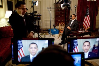 President  Obama conducts interviews in the  Map Room 3/30/09.  .
