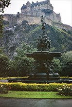 West Princes Street Gardens, Ross Fountain in the foreground and Edinburgh Castle in background circa August 1973.