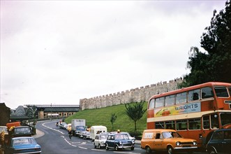 Double Decker bus in traffic on an Edinburgh road circa 1973.