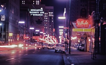 Dallas Texas night time street scene in 1956.