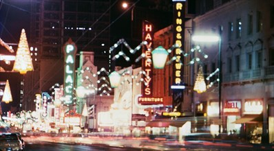 Dallas Texas night time street scene in 1956.