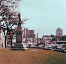 View of Congress Avenue from the State Capitol grounds in Austin, TX circa 1957.