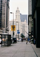 Chicago street scene with the Wrigley Building in the background circa 1985.