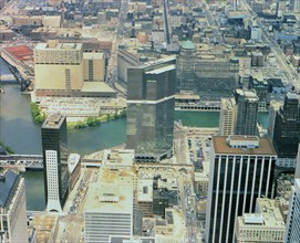 Aerial view of downtown Chicago circa 1985.