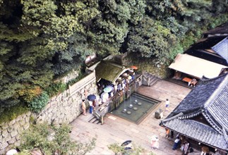 Aerial view of visitors to Kiyo Mizu Temple in Japan circa 1976.