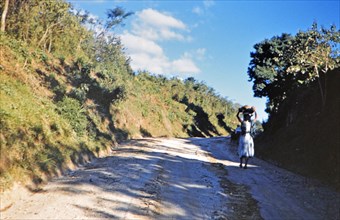 1962 Guatemala - Woman carrying food or package on her head down road to a village in Guatemala.