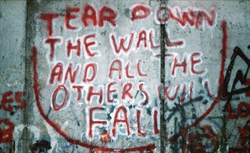 Graffiti on the west side of the Berlin Wall expresses the desire for a unified Germany..