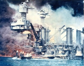 Thick Smoke Rolls Off Damaged Ship  at Pearl Harbor