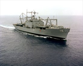1976 - An aerial starboard bow view of the amphibious cargo ship USS ST LOUIS