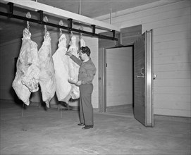 A Soldier inspects meat at a cold storage area in December 1943 at then-Camp McCoy.