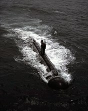 1974 - A starboard bow view of the research submarine USS DOLPHIN