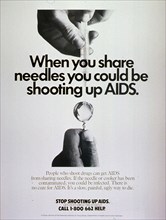 When you share needles you could be shooting up AIDS 1980s AIDS Poster.