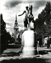 a view of the Revere Statue with the Old North Church in the background. 1955.