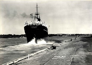 the SS Hektor from Norway leaving the Providence Municipal wharf in Rhode Island. 1937.