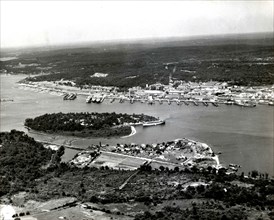 an aerial view of the submarine base located on the Thames River in Groton