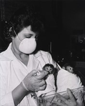 Showing baby monkeys being bottle-fed.