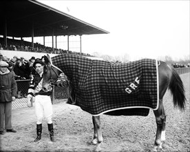 Jockey and race horse at race track