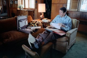 President Reagan working at Aspen Lodge.