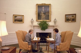 Jimmy Carter and Rosalynn Carter having Lunch time in the Oval Office.