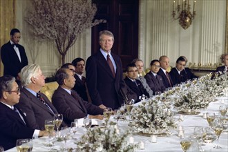 Jimmy Carter hosts a working dinner for the Prime Minister of Japan Takeo Fukuda.