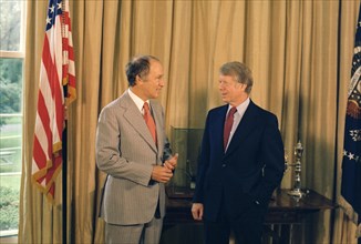 Canadian President Pierre Trudeau with Jimmy Carter in the Oval Office.