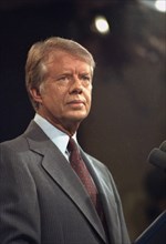Jimmy Carter at the podium during a press conference