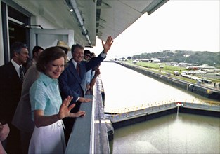 Jimmy Carter and Rosalynn Carter visit one of the locks along the Panama Canal.