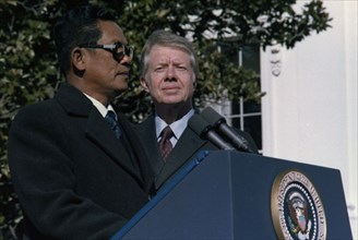 Kriangsak Chomanan and Jimmy Carter at arrival ceremony for the Prime Minister of Thailand.