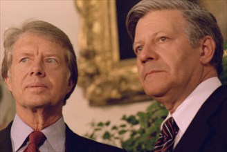 Close up of Jimmy Carter and German Chancellor Helmut Schmidt.