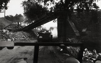 World War II photo of collapsed bridge on German front
