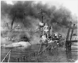 World War II Photo - U.S.S. Shaw burning in drydock Pearl Harbor.